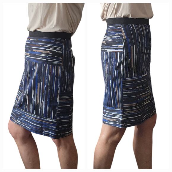 NWT Ann Taylor Skirt knee length paint brush abstract geometric blue black Sz 10 - Picture 2 of 13